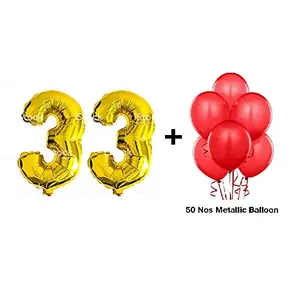 Number 33 Gold Foil Balloon and 50 Nos Red Color Latex Balloon Combo