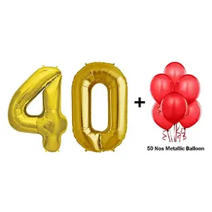 Number 40 Gold Foil Balloon and 50 Nos Red Color Latex Balloon Combo