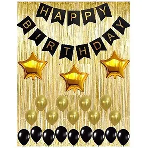 Black & Gold Decoration Kit Gold Metallic Fringe Shiny Curtains Happy Brthday Bannerwith Metallic Balloons( 50 pcs)(Black & Gold) and Star Foil Balloons (Black Gold Pack of 55)