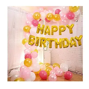Party Hub®Pack of 101 Gold Happy Brthday Letter Foil Balloons with 100 Pcs ofMetallic Gold PinkWhite & Dark Pink for Brthday Party Decorations