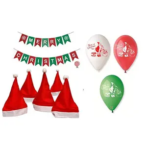 Christmas Decoration Combo 6 Pcs Christmas Hats Free Size + Christmas Banner + 30 Pcs Merry Christmas Printed Balloons ( Pack of 37)