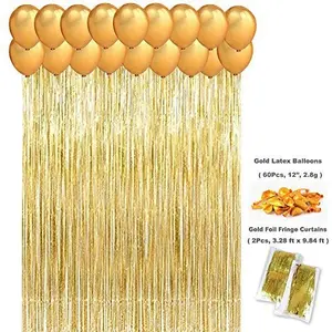 Products Metallic Fringe Foil Curtain for Brthday | Wedding | Anniversary Decoration Party || Size-3 Feet by 6 Feet (Golden-2Pcs) + HD Metallic Finish Balloons (Golden) Pack of 20