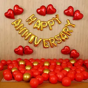 Anniversary Decorations for Home Balloon Kit with 1pc Golden Happy Anniversary Letters 8pc Red hert Foil Balloons 10pc Golden Metallic Balloons and 50pc Red Latex Balloons