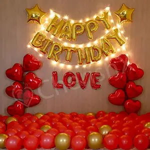 Premium Happy Brthday Balloons for Decoration kit with 12pc hert 1pc Happy Brthday 1pc Red Love Letters 2pc hert 10pc Golden Metallic 50pc Red Latex 1 Fairy Light & 50 Candles