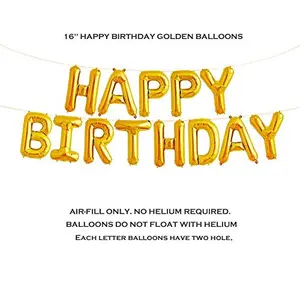 Happy Brthday Letter Foil Balloon Set of (Gold)+HD Metallic Balloons (Black Gold and Silver) Pack of 50...with Free Multipurpose Ribbon 1pc