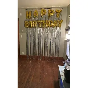 Happy Brthday Letter Foil Balloon Set of (Gold)+2pcs Silver Fringe Curtain (3 X 6 Feet) for Bithday Decoration Party