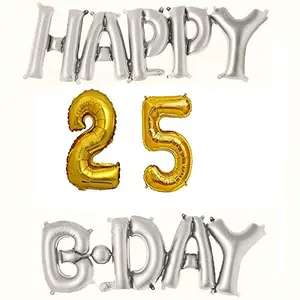 Happy Brthday (Happy B-Day) Alphabet Letter Foil Balloon -Set of (Silver) + 30inch 25 Number Set of (Gold) Foil Balloon for 25th Brthday Party