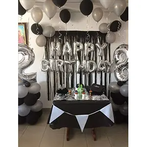 Happy Brthday Letter Foil Balloon Set of (Silver)+HD Metallic Balloons (Black and Silver) Pack of 30pcs for Bithday Party Decoration