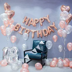 Happy Brthday Letter Foil Balloon Set with 30 Metallic Pink and Silver Balloons (Rose Gold 1)