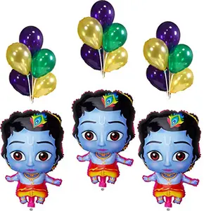 18 "3 Pcs Little Krishna Kanha Bal Gopal Foil Balloons With 60 Green Golden Purple Balloons For KDs Boys Brthday Small Shower and Krishna kanha Bal Gopal Theme Party Decoration (Krishna Theme 6)