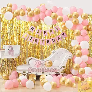 64 Pieces Combo Happy Brthday Banner + 2 Golden Fringe Curtain (3 X 6 Feet) + 60 HD Metallic Balloons (GoldWhite and Pink) and Ribbon Brthday Decorations Items Combo for KDs