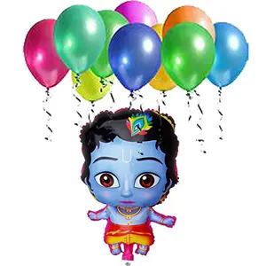 18 " Multicolour 3 Pcs Little Krishna Kanha Bal Gopal Foil Balloons With 50 Multi Balloons For KDs Boys Brthday Small Shower and Krishna kanha Bal Gopal Theme Party Decoration.