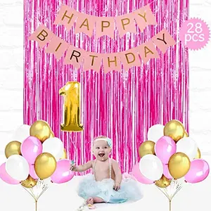 Girls 1St Brthday Decoration 28Pcs Combo (2 Pink Foil Curtain+No. 1 Foil Balloon+24 Pcs Balloon+1 Brthday Banner)