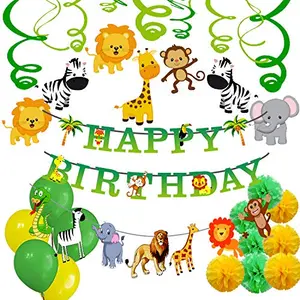 Jungle Theme Brthday Party Decoration Boys-72Pcs Hawaiian Animals Safari Forest Balloons Banners Swirls Pompom Hanging for KDs Girls Bday Parties Supplies Or Small Shower Themed Decor