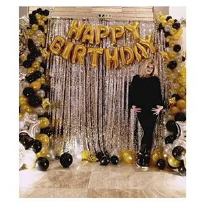 66 Pcs Brthday Combo Pack Happy Brthday Gold Foil 51 Balloons 13 Letters Set + 2 Pcs Foil Curtain + Metallic Round Balloon (Gold White Black) (Pack of 66)