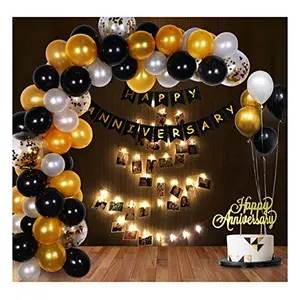 Happy Anniversary Decoration Items with LED Photo Banner Balloons Cake Topper Glue Dot 73Pcs Set for 1st 5Th25th Party Room Decoration Combo Set/Couple WeddingMarriage Celebration