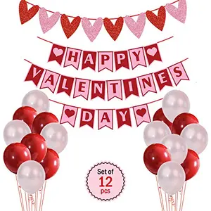 Happy Valentine's Day Banner with Valentine Felt hert Garland Banner and Latex Balloons Combo for Valentines Day Decoration Wall / Window and Door (Set of 12)