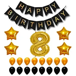 Happy Brthday Party Balloons Supplies & Decorations Set Black & Gold (8th Year)