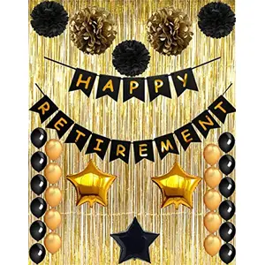 Happy Retirement Party Decorations Black and Gold Happy Retirement Banner with Latex Balloons Pom Poms Flowers and Gold Foil Curtain Perfect Party Supplies for Retirement Decorations