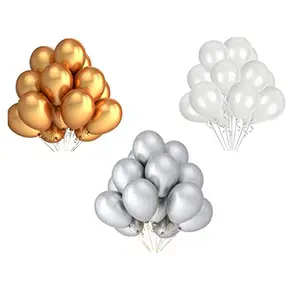 Made in India 12 inch HD Metallic Finish Balloons for Brthday / Anniversary Party Decoration (Gold + Silver + White Pack of 50)