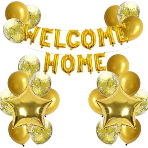 Welcome Home Letter Balloon Banner with Star Sequin Balloons for Home Family Party Decorations Gold
