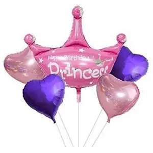 36" Large Pink Princess Brthday Balloon Bouquet / Happy Brthday Crown Helium Foil Balloon Bouquet / Brthday Girl Decoration Item for Girls KDs / First Brthday Decoration - Pack of 5