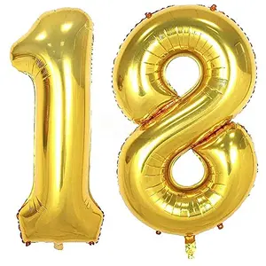 16" Inch 18 Year Golden Foil Balloon for Anniversary / 18 Number Digit Helium Foil Balloon for Party Decoration / Eighteen No. Gold Balloon for Girls Boys Happy Brthday - Pack of 2