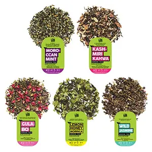 Organic Green Tea Sampler - 5 Green Tea Collection 40 Servings | 100% Natural Ingredients | Moroccan Mint Kashmiri Kahwa & More| Brew Hot or Iced | Loose Leaf Green Tea Sampler 75 g