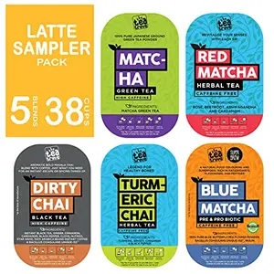 Latte Sampler - Instant healthy refreshing and colorful Latte Sampler Gift Pack - Green Matcha Red Matcha Turmeric Latte Dirty Chai & Blue Matcha | Delicious Hot or Iced (50g38 Cup)