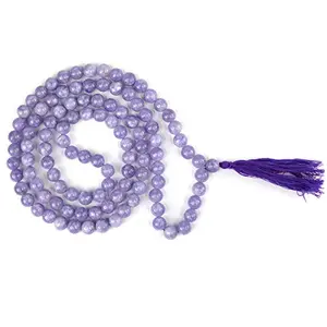 Angelite Mala Natural Crystal Stone 8 mm 108 Round Bead Jap Mala for Reiki Healing and Crystal Healing Stone (Color : Light Blue)