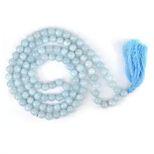 Aquamarine Mala Natural Crystal Stone 8 mm 108 Round Bead Jap Mala for Reiki Healing and Crystal Healing Stone (Color : Light Blue)