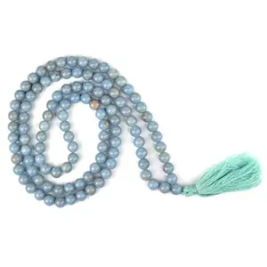 AAA Angelite Mala Natural Crystal Stone 8 mm 108 Round Bead Jap Mala for Reiki Healing and Crystal Healing Stone (Color : Light Blue)