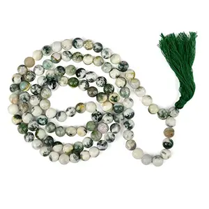 Tree Agate Mala Natural Crystal Stone 8 mm 108 Round Bead Jap Mala for Reiki Healing and Crystal Healing Stone (Color : Green & White)