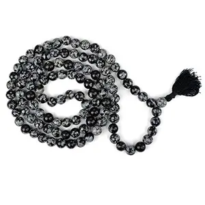 Snowflake Obsidian Mala Natural Crystal Stone 8 mm 108 Round Bead Jap Mala for Reiki Healing and Crystal Healing Stone (Color : Black & Grey)