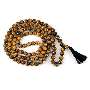 Natural Tiger Eye Mala Crystal Stone Faceted / Diamond Cut 108 Beads 8 mm Jap Mala for Reiki Healing and Crystal Healing Stone (Color : Golden & Brown)