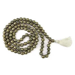 Natural Pyrite Mala Crystal Stone Faceted / Diamond Cut 108 Beads 8 mm Jap Mala for Reiki Healing and Crystal Healing Stone (Color : Golden)