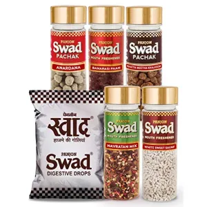Swad Original 100 Candies & 5 Pachak Bottles White Sweet Saunf Anardana goli Khatta Meetha Khajoor Banarasi Paan Navratan Mix 6 Units 900 g