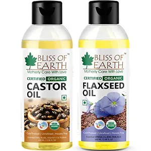 Bliss of Earth¢ Certified Organic Castor Oil & Flaxseed Oil Combo Pack of 2 (100ML Each)