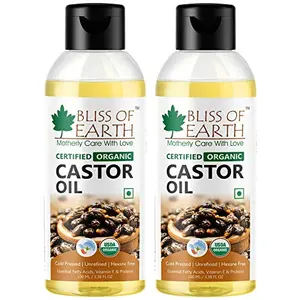 Bliss of Earth USDA Organic Castor Oil For Hair Growth Skin & Eyebrows Cold Pressed & Hexane Free 2X100 ml
