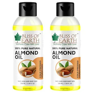 Bliss of Earth100% Pure & Natural Sweet Almond Oil (Coldpressed & Unrefined) Extracted From Whole Almond Kernels (2x100ML)