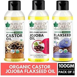 Bliss of Earth¢ Combo of 100% Organic Castor Oil Jojoba Oil & Flaxseed Oil Pack of 3 (100ML Each)