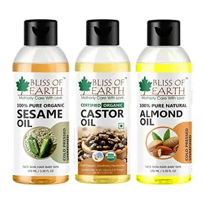 Bliss of Earth¢ Combo of 100% Organic Sesame Castor & Sweet Almond Oil (Pack of 3) 100ML Each Coldpressed & Unrefined