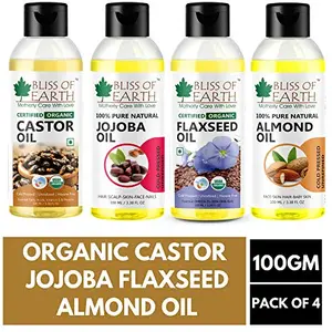 Bliss of Earth¢ Organic Castor Oil Jojoba Oil Flaxseed Oil & Sweet Almond Oil Pack of 4 (100ML Each) For Complete Beauty Regime