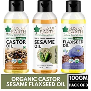 Bliss of Earth¢ Organic Sesame Oil Castor Oil & Flaxseed Oil Pack of 3 (100ML Each)