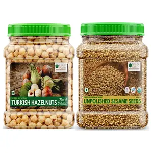 Bliss of Earth Combo Of Turkish Hazelnuts (500gm) Raw & Dehulled Healthy & Tasty And Organic Unpolished White Sesame Seeds (600gm) For Eating Raw Til Seeds (Pack Of 2)
