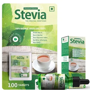 Bliss of Earth Combo of 99.8% REB-A Purity Stevia Tablets & Liquid Natural & Sugar free Zero Calorie Keto Sweetener 200GM Powder & 30ml liquid