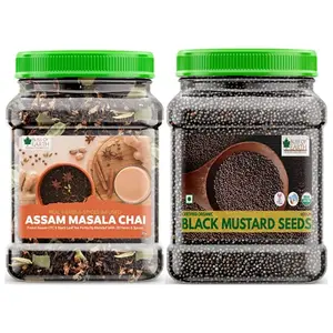 Bliss of Earth Combo Of Finest Assam Masala Chai (400gm) Blended CTC leaf infused with 20 real herbs & spices And Organic Black Mustard Seeds (600gm) For Cooking (Kali Sarson) Pack Of 2