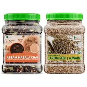 Bliss of Earth Combo Of Finest Assam Masala Chai Blended CTC leaf infused with 20 real herbs & spices And Organic Carom Seed (400 gm Each) Pack Of 2