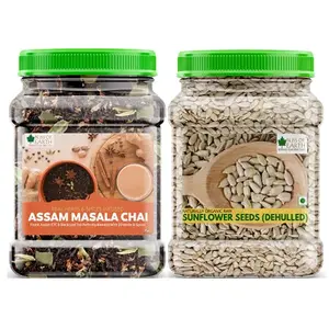 Bliss of Earth Combo Of Finest Assam Masala Chai (400gm) Blended CTC leaf infused with 20 real herbs & spices And Dehulled Sunflower Seeds (600gm) for Eating & Weight Loss (Pack Of 2)