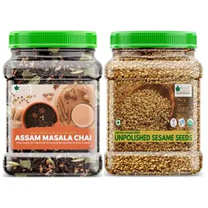 Bliss of Earth Combo Of Finest Assam Masala Chai (400gm) Blended CTC leaf infused with 20 real herbs & spices And Organic Unpolished White Sesame Seeds (600gm) For Eating Raw Til Seeds (Pack Of 2)